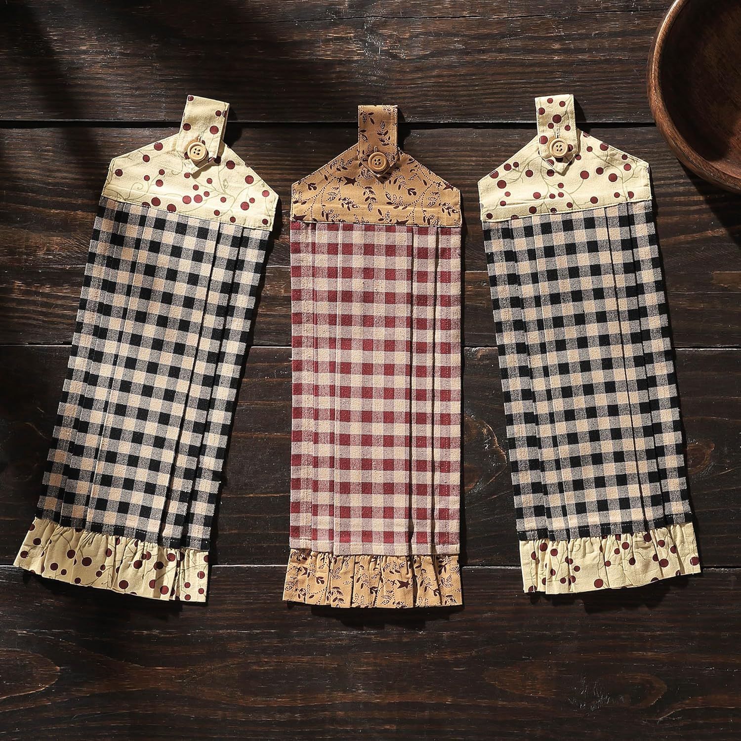 Rustic Checkered Cotton Button Loop Kitchen Towel Set of 3