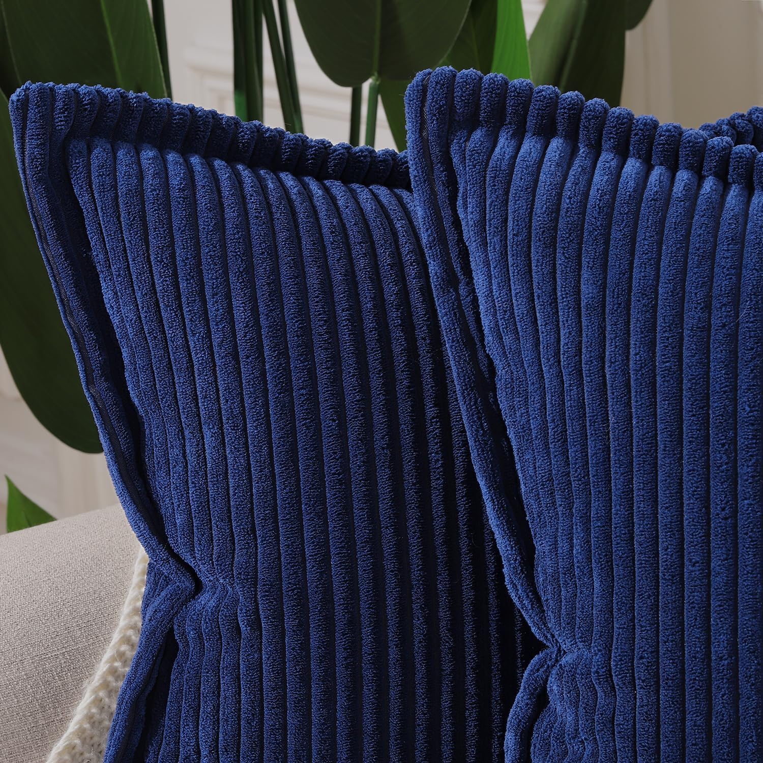 MADIZZ Dark Blue Corduroy Throw Pillow Covers 16x16 inch with Fringe Edge Set of 2 Super Soft Boho Striped Pillow Covers Broadside Decorative Textured Throw Pillows for Sofa Bedroom Pillow Shell