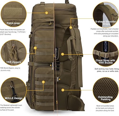 Miniatura 5 de Mardingtop 75L Molle senderismo marco interno mochilas con cubierta de lluvia para acampar, mochileros, viajes