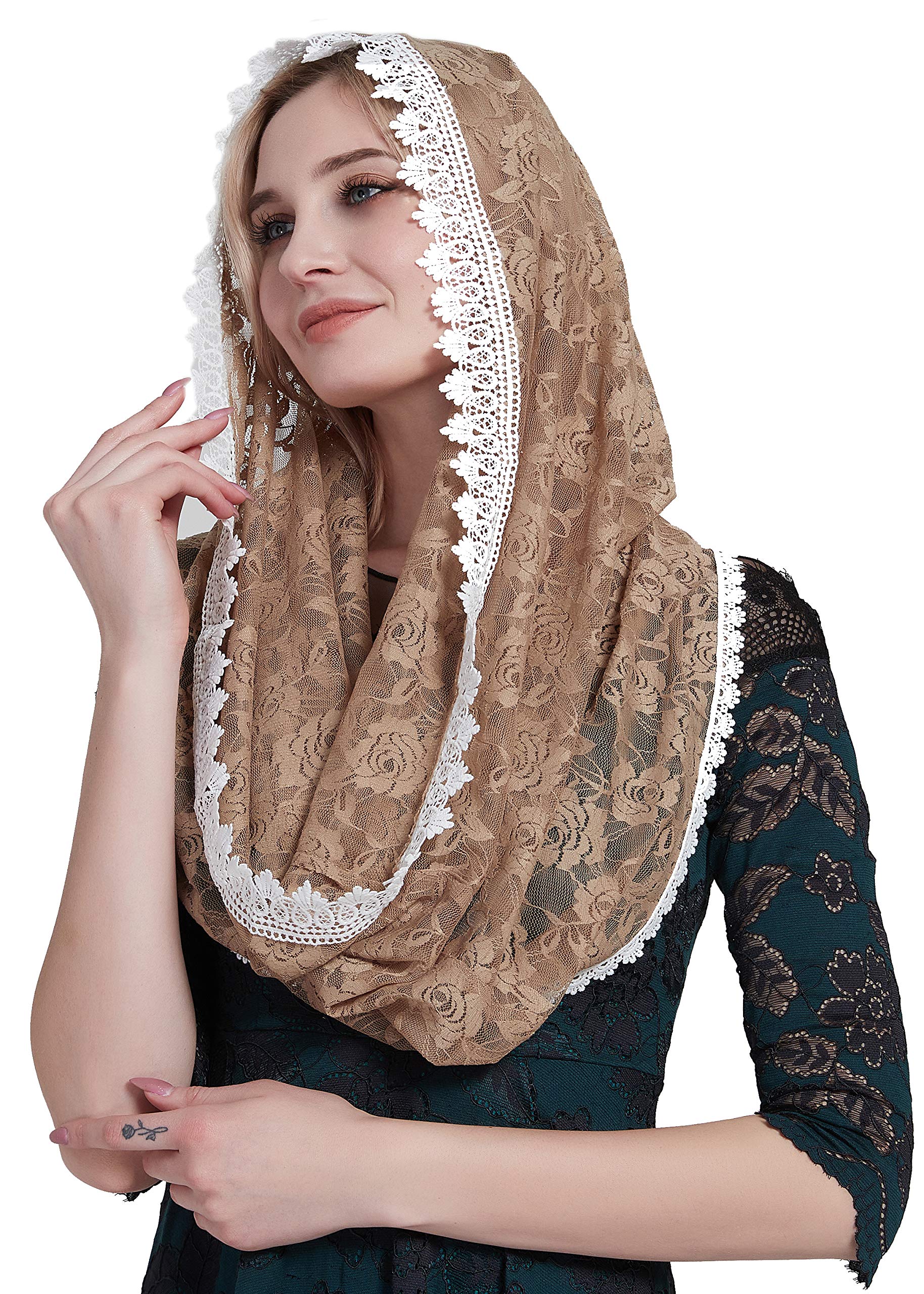 YHDDYG Infinity Veil for Catholic Mass Lace Infinity Scarf Church Veil for Girls Mantilla Infinity Veils Roses S97, Champagne Infinity, One Size