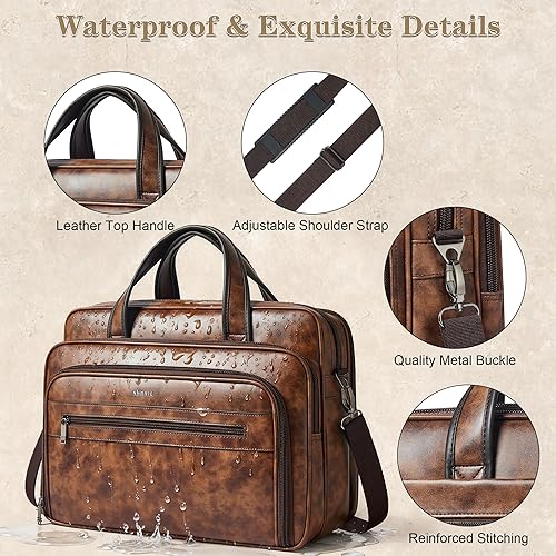 Miniatura 6 de Shrrie Bolso bandolera de cuero para hombres y mujeres, bolsa de cuero para laptop de 17 pulgadas, resistente al agua, gran hombro, oficina, trabajo