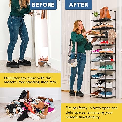 Miniatura 7 de Sundaze Zapatero de 10 niveles alto para armario, organizador de zapatos apilable resistente para armario, dormitorio, entrada, garaje, estante de