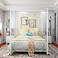 Vista 3 de Canopy Queen Bed Frame Platform Heavy Duty Steel Slat and Support with Headboard and Footboard No Box Spring Required，White