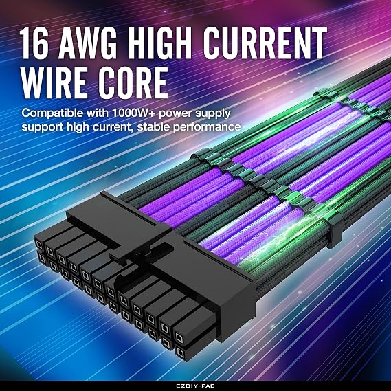 EZDIY-FAB PSU Cable Extension kit Sleeved Cable Custom Power Supply Sleeved Extension 16 AWG 24-PIN 8-PIN 6-PIN 4+4-PIN with Combs- Black/Purple