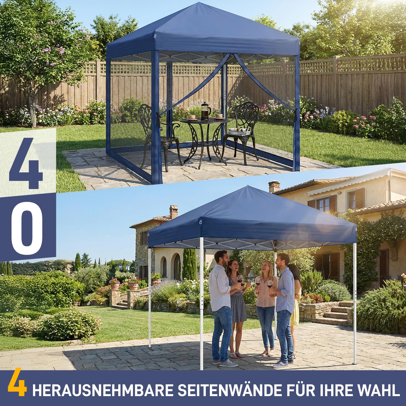 LEADZM Gazebo 3x3m, Pieghevole, Impermeabile, Protezione UV 50+, Regolabile in Altezza con 4 Zanzariere, Stabile, Ideale per Giardino, Terrazza, Campeggio e Uso Commerciale,Blu