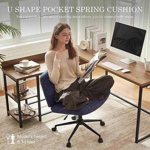 Miniatura 3 de Dowinx Silla cruzada con ruedas, tela preminum y cojín de resorte de bolsillo, silla de computadora giratoria ajustable con asiento ancho, silla de