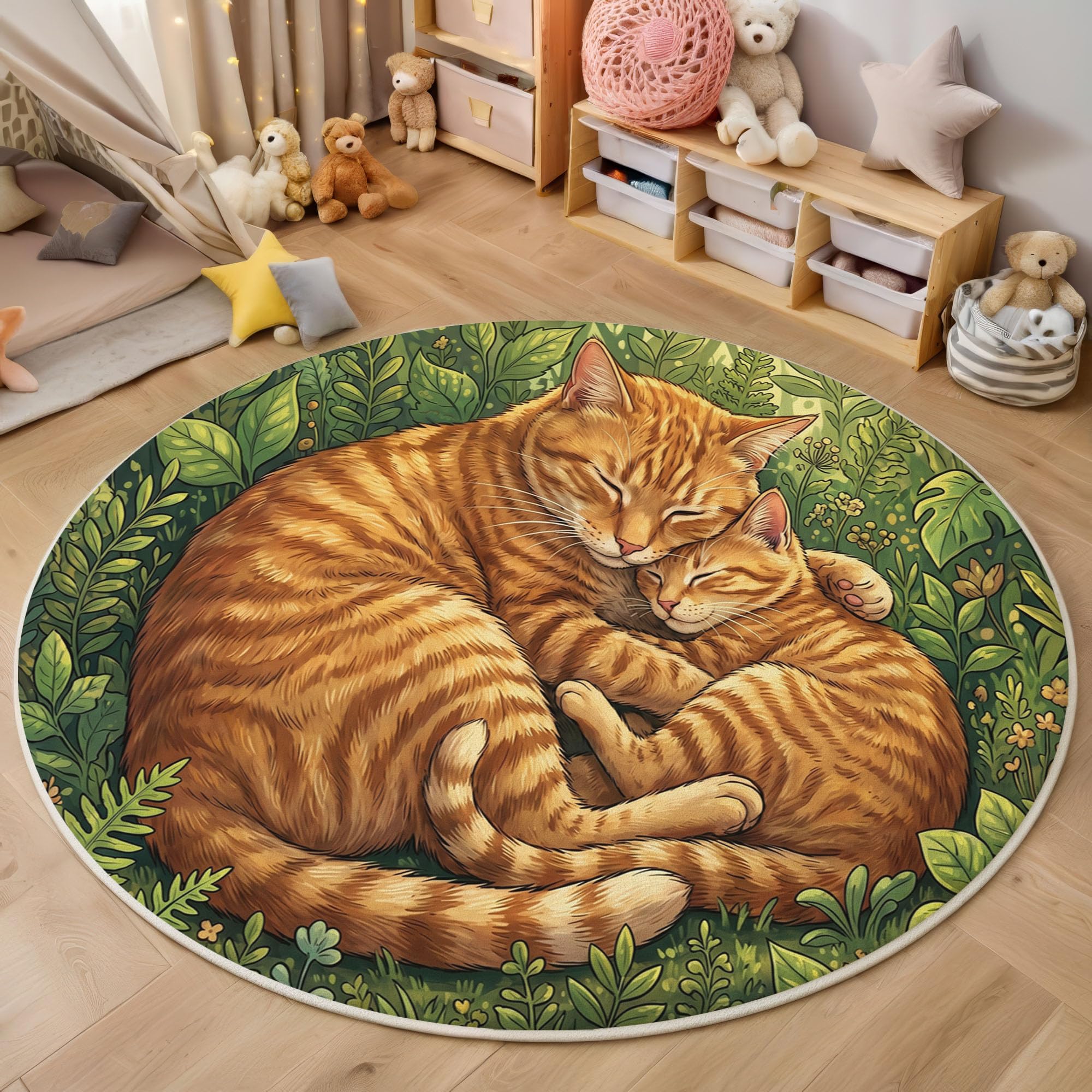 Tapis vert émeraude chat orange rond 200cm pour salon et chambre