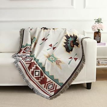 Boho Aztec Throw Blanket with Tassels Reversible, Teal/Beige/Blue, 50x70"