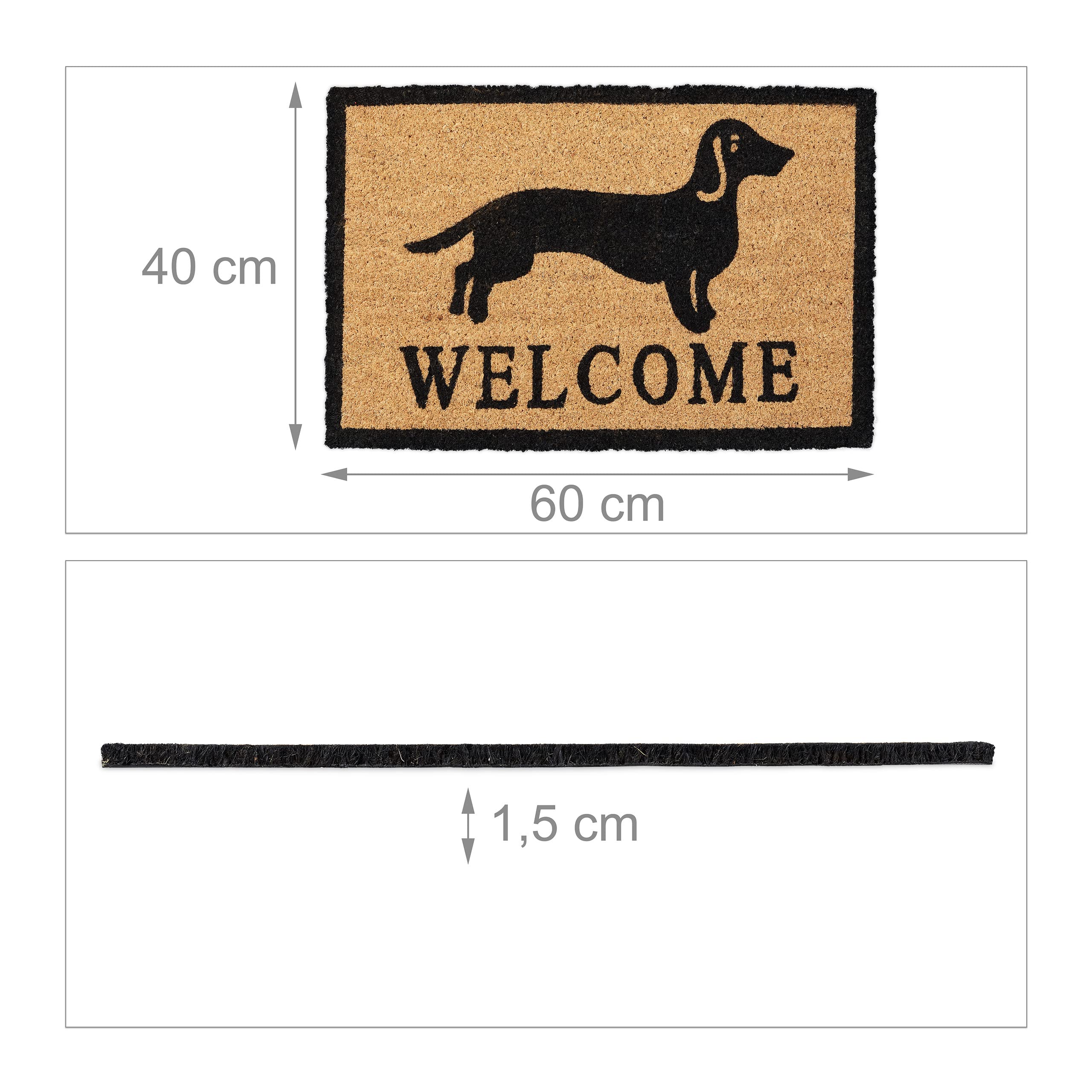 Relaxdays Zerbino con Bassotto, Fibra di Cocco, Frase Welcome, Interni ed Esterni, 40x60 cm, Antiscivolo, Naturale/Nero