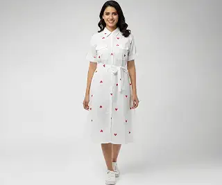 Schsteindar Women's White Shirt Dress with Red Heart Print, Short Sleeve, Collared Neck, Belted Waist, Midi Length