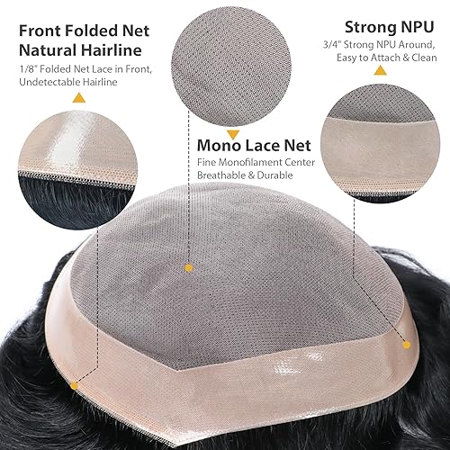 Miniatura 3 de lumeng Pelucas para hombres Hairpiece Mono Lace Systems Mens Toupee Tamaño 7x9 pulgadas Color 1 # Pelucas de Encaje Hombres Unidades de Reemplazo