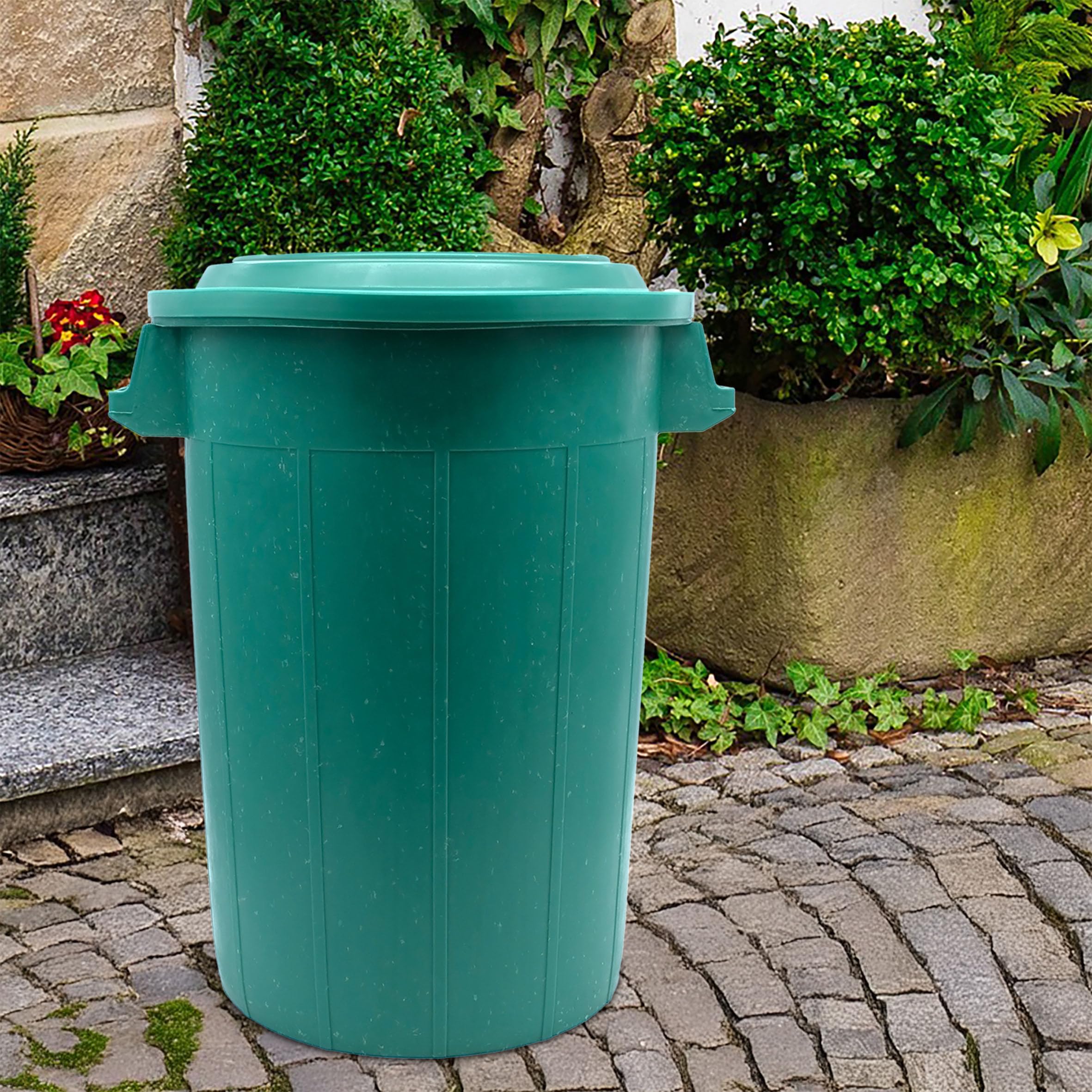 Bidone universale, 70 l, con coperchio e 2 maniglie, colore verde