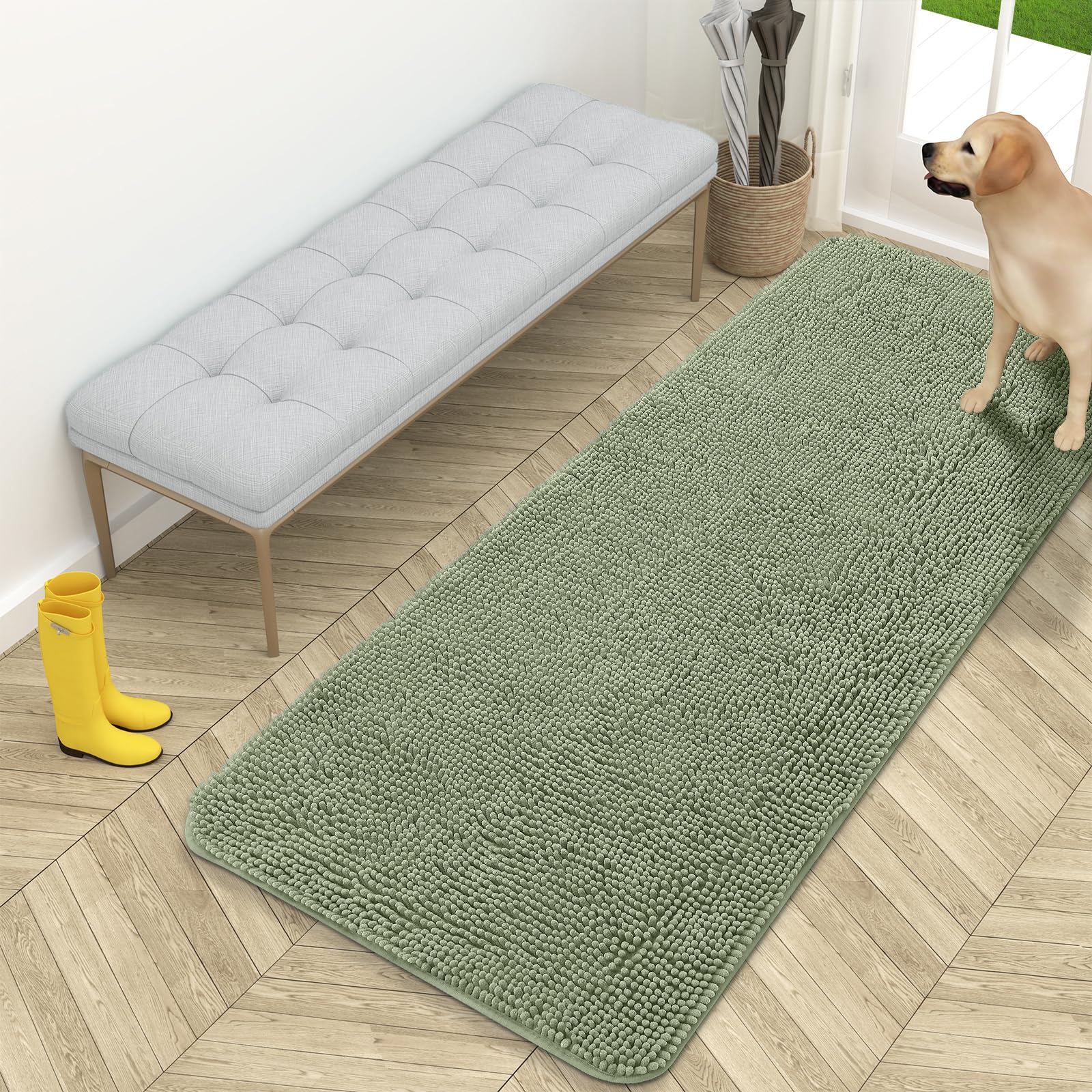 OLANLY Dog Doormat for Muddy Paws, 159x24cm, Absorbs Moisture and Dirt, Absorbent Non-Slip Washable Door Mat, Quick Dry Chenille Mud Mat, Entrance Indoor Entry Rug for Indoor Floor,