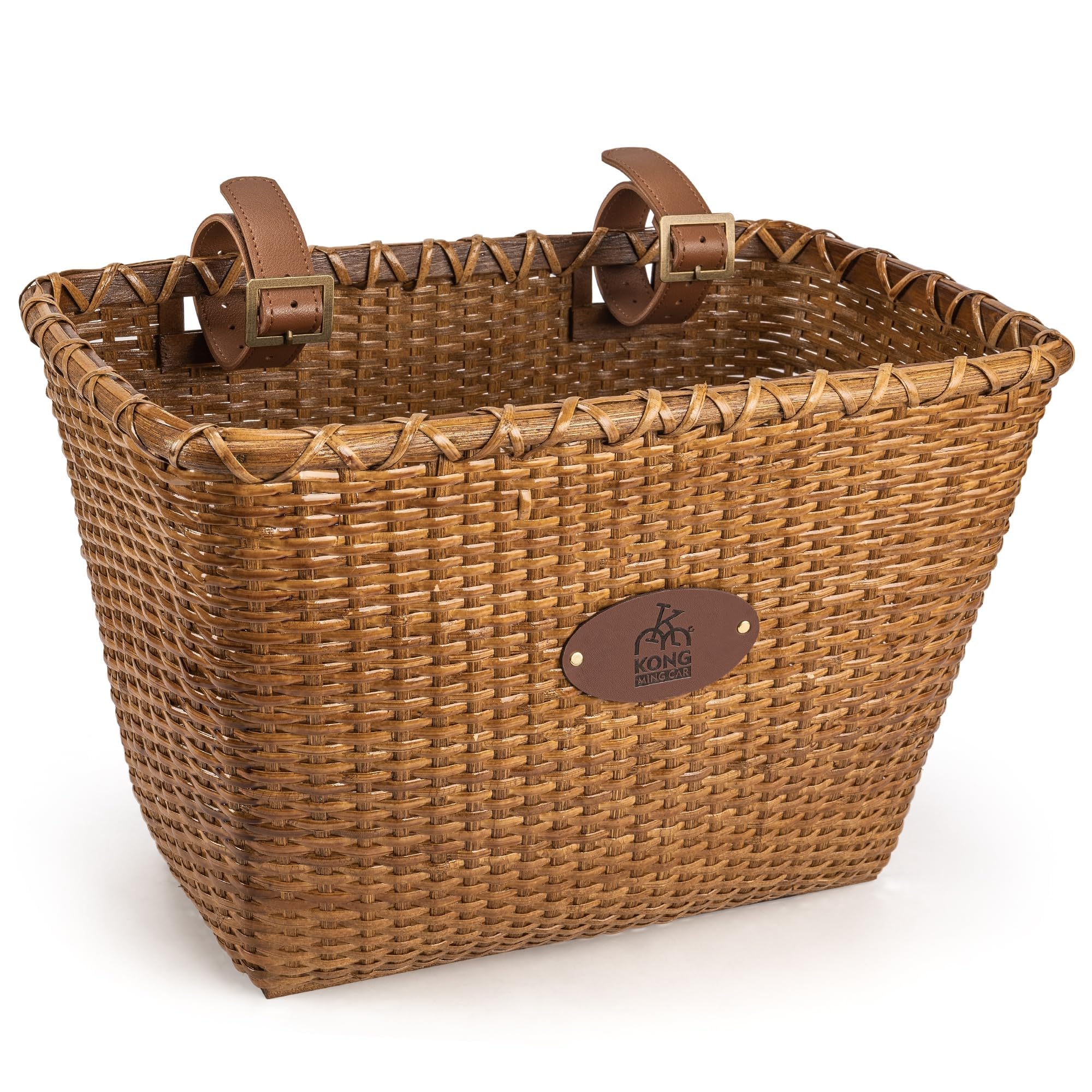 Fahrradkorb vorne - Retro Rattan Korb, handgeflochten mit Holzunterlage & Lederträger, Lenker-Montage, 30,5×19×22,5 cm, Traglast 6 kg, für Einkauf, Markt, Strand, Stadt