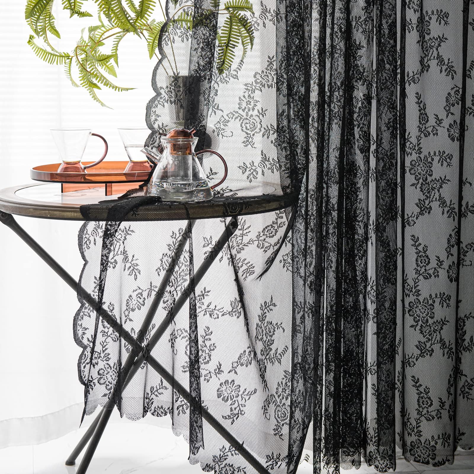 Deeprove Black Lace Curtains 45 Inch Length 2 Panels Set for Bedroom, Knitted Sheer Floral Antique Vintage Shabby Chic Gothic Window Treatment Pair Drape Pair for Farmhouse, Rod Pocket, W57 x L45