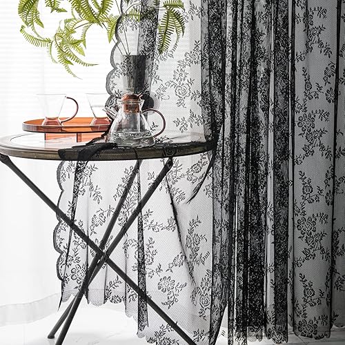 Deeprove Cortinas de Encaje Negro de 45 Pulgadas de Largo, Juego de 2 Paneles para Dormitorio, Transparentes Tejidas Florales Antiguas Vintage