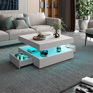 HedoAjim White LED Coffee Table with 2 Storage Drawers for Living Room Square Center Middle Table Modern Cocktail Table with Light 2-Tier Tea Tables Mid Century Wood Home Office Waiting Room