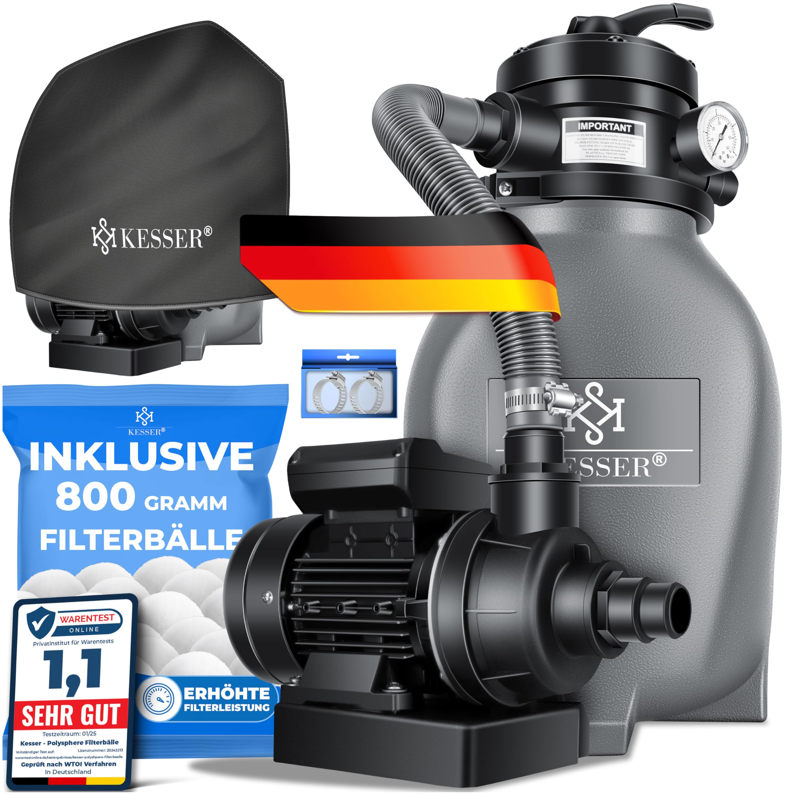 KESSER® Filtro de Arena, Sistema de filtrado de Arena + Bolas de filtrado de 700 g Que sustituyen a Las de 25 kg de Arena de filtrado para Piscinas, Sistema de filtrado de 10 mġ/h para Piscinas,Gris