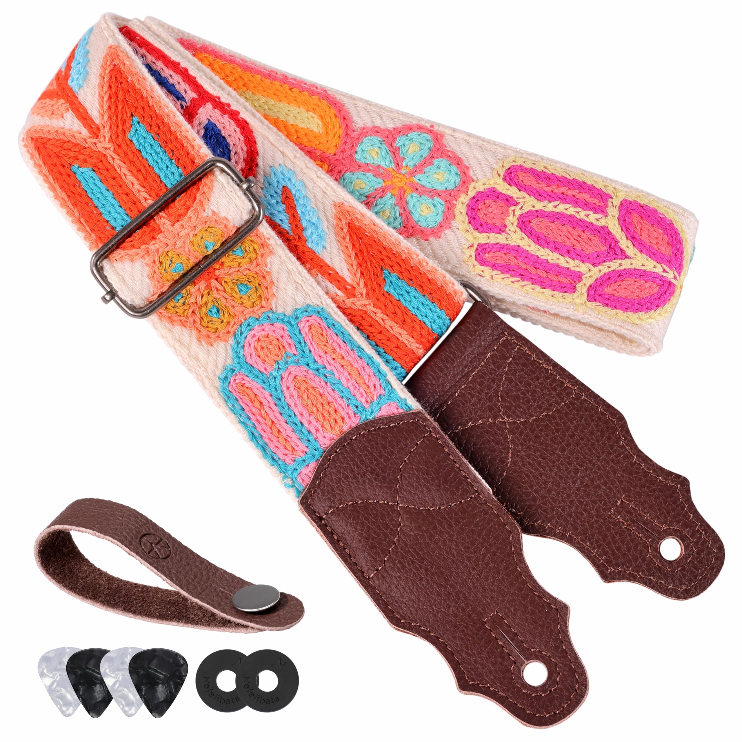 YIKOKO Guitar Strap 2", Soft Woolen Knit, Cowhide Leather End, for Acoustic and Bass Electric Guitars Free Button