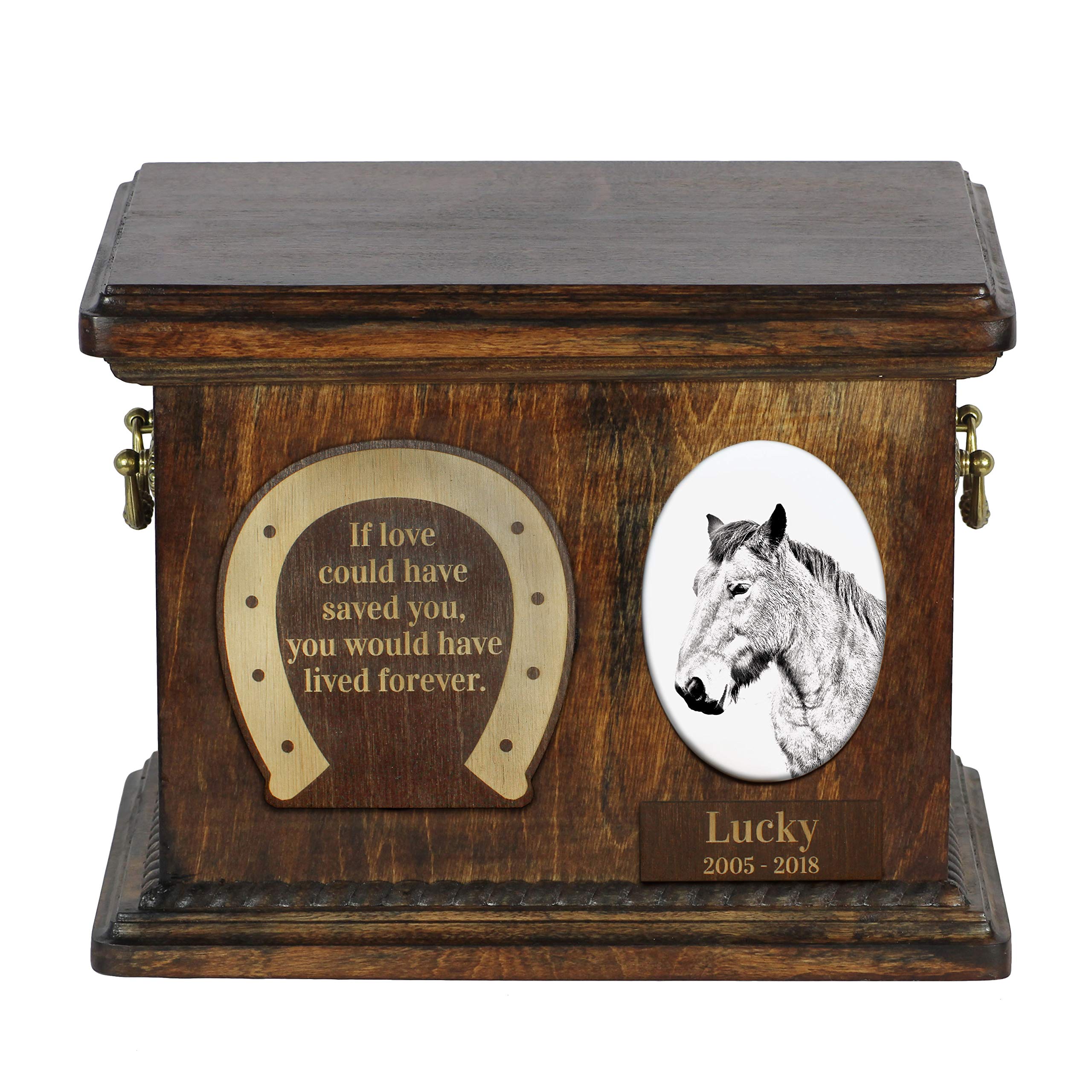 Boîte de crémation pour cheval avec gravure et plaque céramique souvenir de votre compagnon