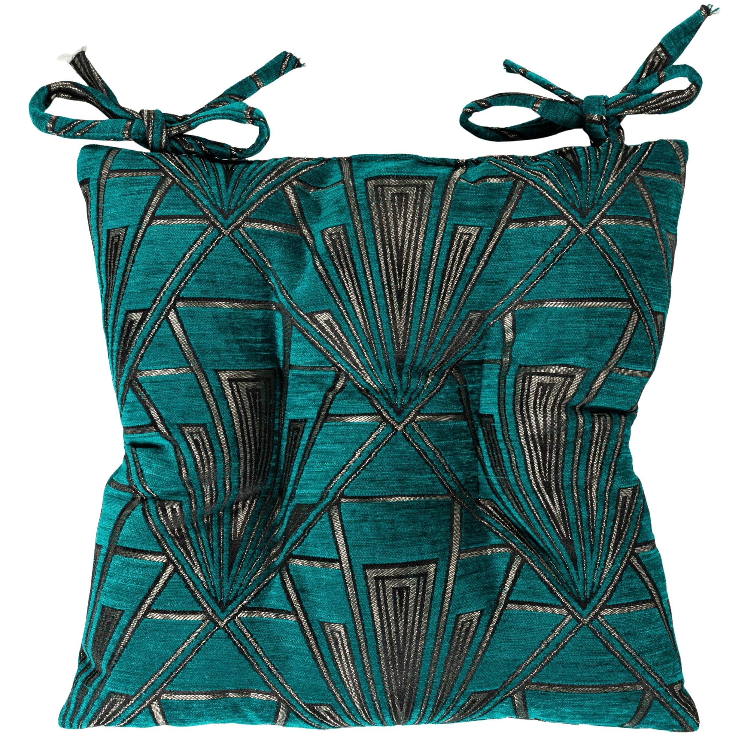 Art Deco Geometric Quilted Fibre Seat Pad in Teal Blue and Metallic Silver. 1920s Vintage Style, Luxury Dining Chair Pad with Ties. Deep-Filled & Supersoft. 16x16" x 3"