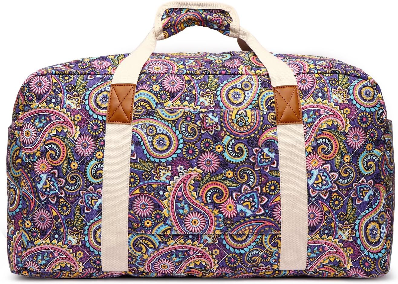 Malirona 22"Canvas Weekender Overnight Bags Travel Duffel Bag Carry On Bag for Women and Girls (Purple Flower) - Image 7
