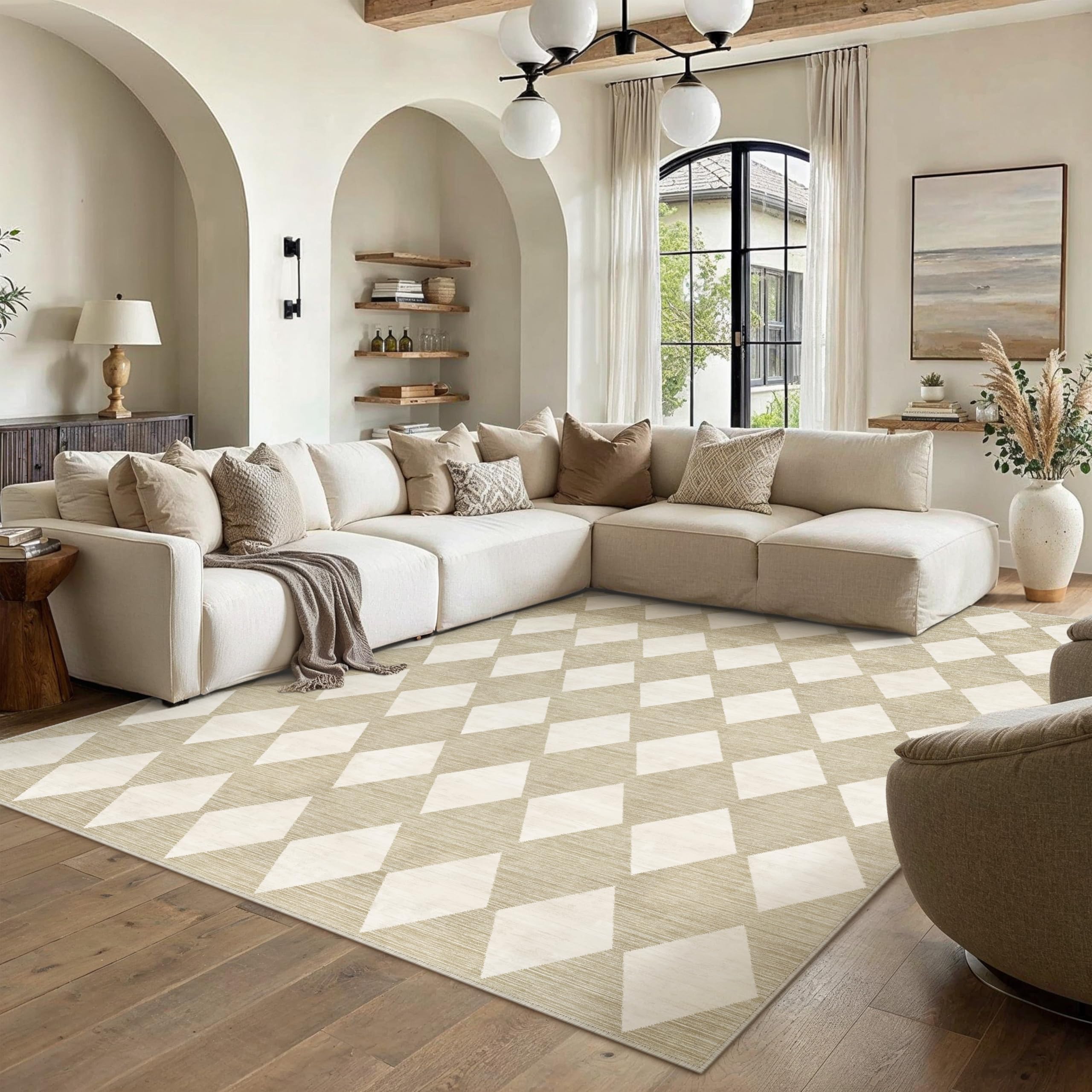PureCozy Beige Teppich 200x300cm Wohnzimmer Kariert Waschbare Groß kurzflor rutschfest Weich Boho Retro Teppiche für Schlafzimmer Küchen Esszimmer Bedroom Living Room Büro