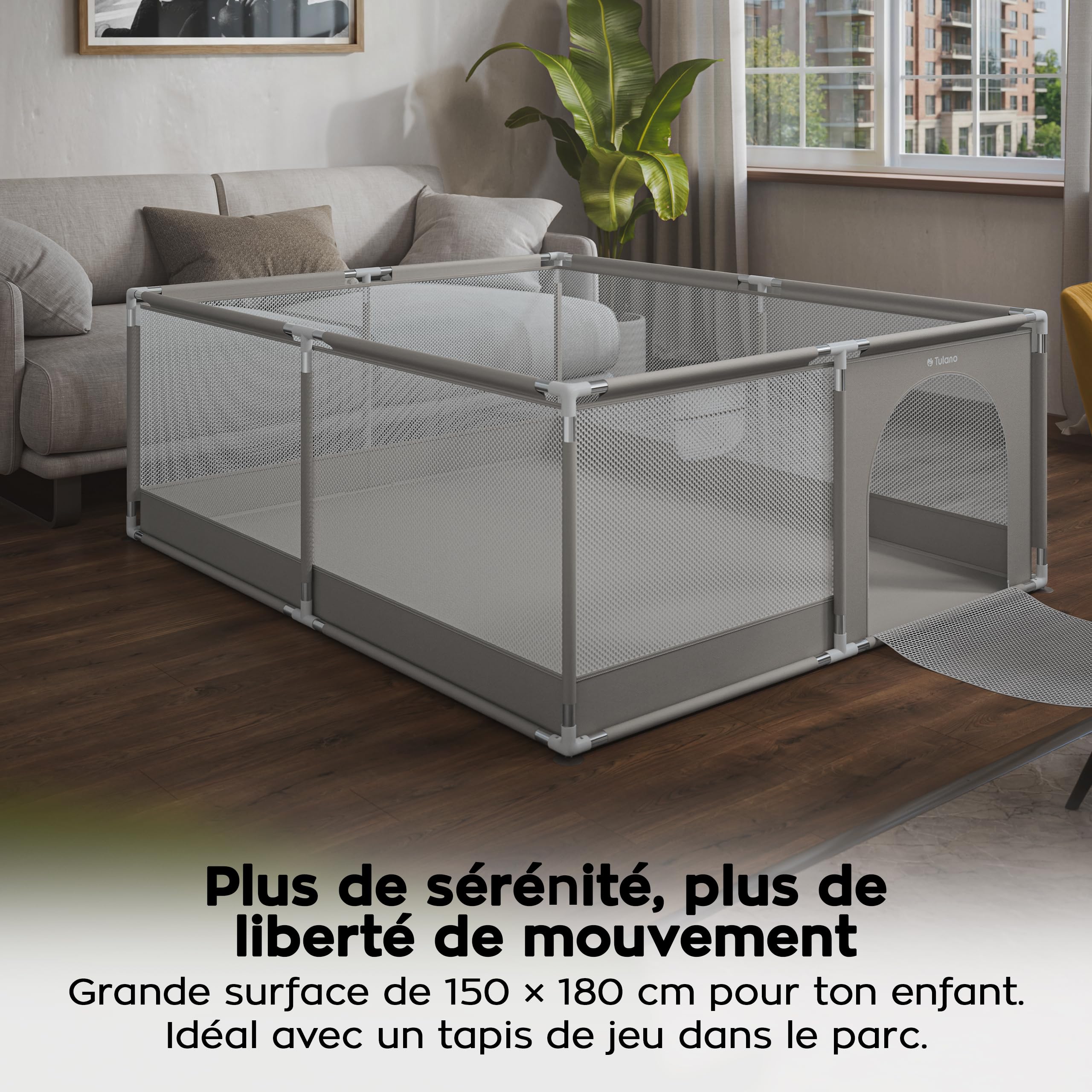 Tulano Cozy 25 – parc bebe xxl – parc enfant pour usage intérieur et extérieur – structure métallique stable – parois en maille – entrée zippée - Sac de Transport – 150x180-6 à 36 mois - Gris