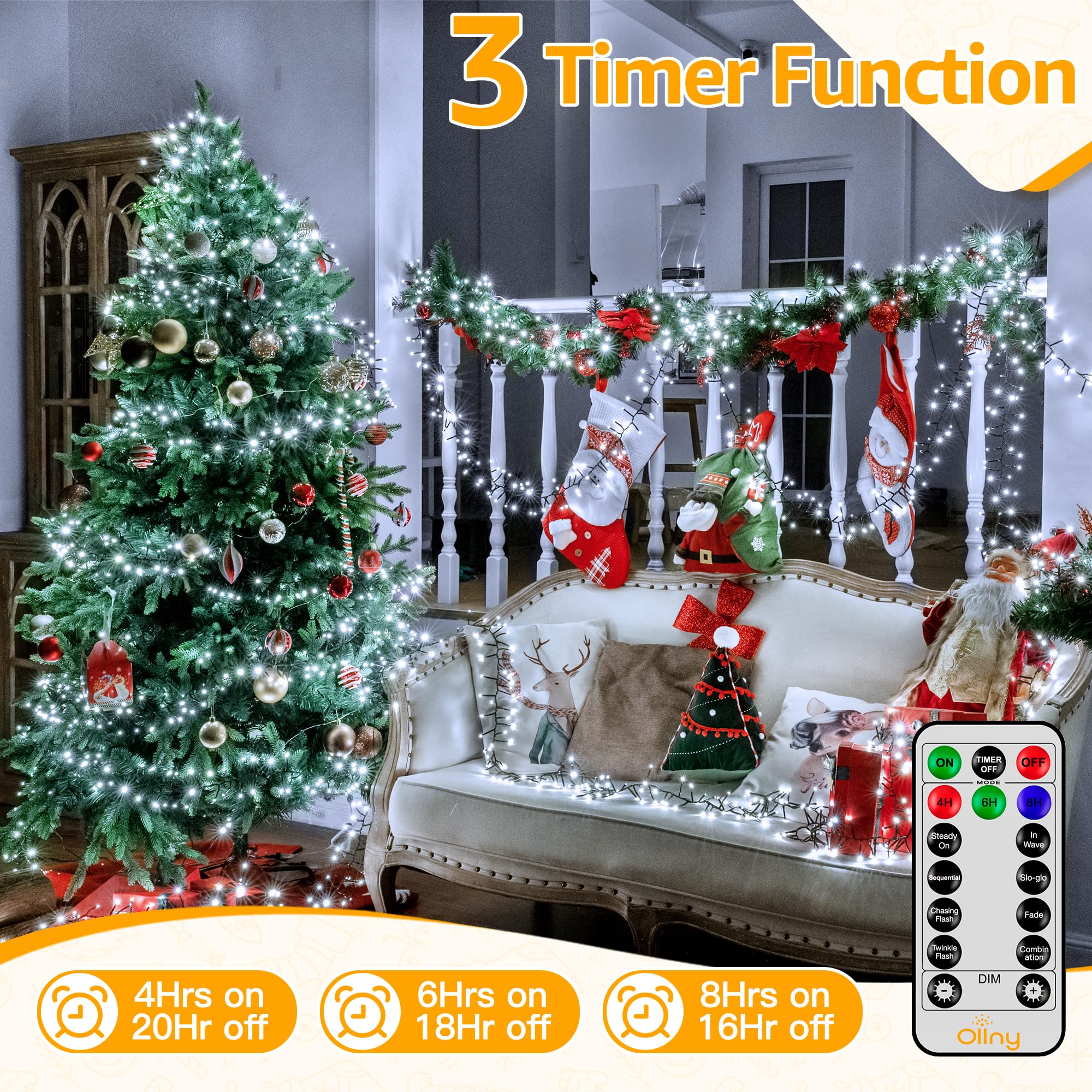Ollny Cluster Lights Christmas 1000LED 49FT, Cool White Christmas