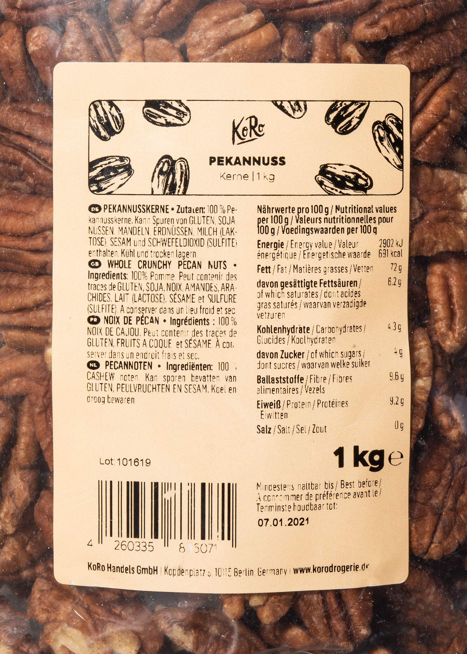 KoRo - Pekannusskerne 1kg - Naturbelassene Pekannüsse in der Vorteilspackung