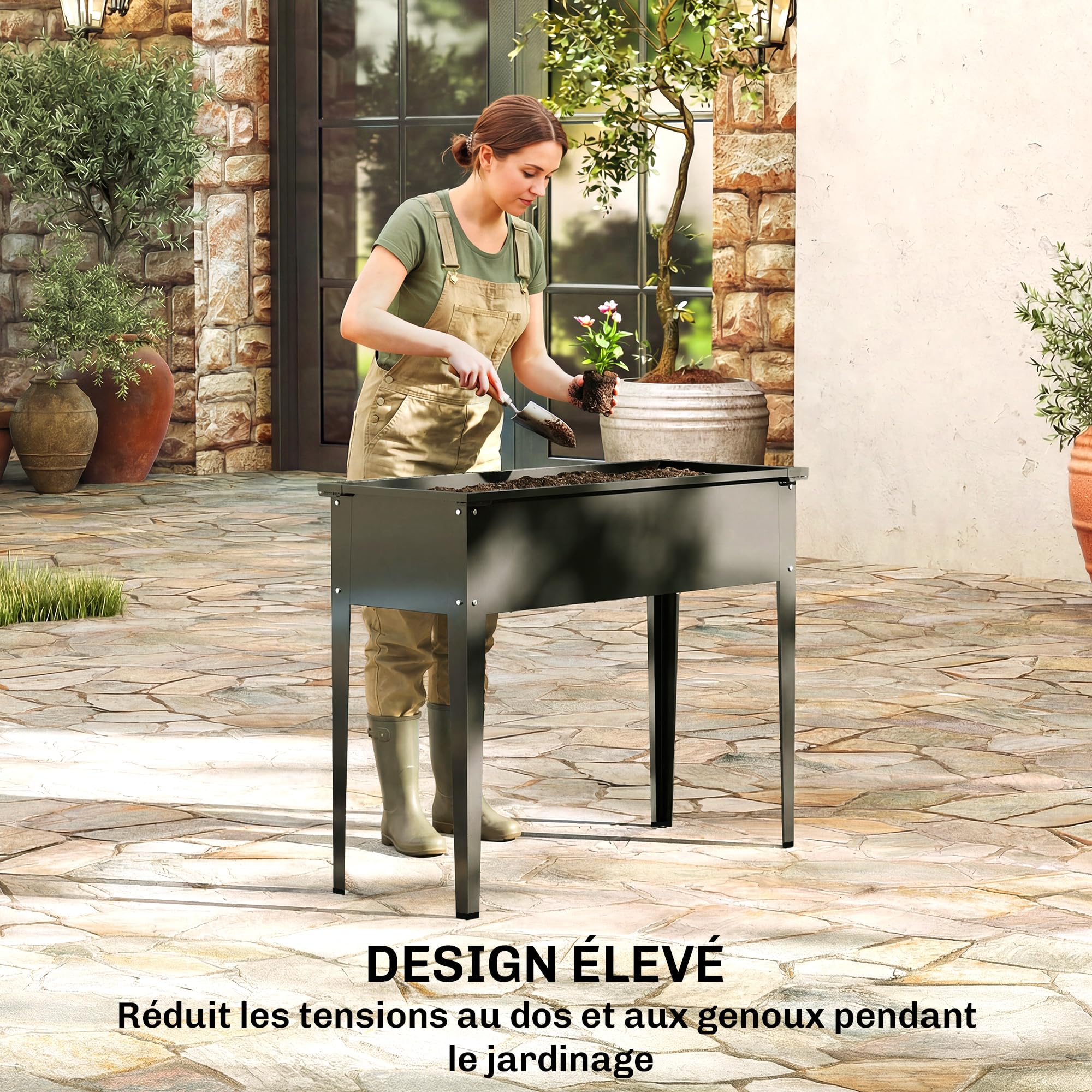 Outsunny Potager sur Pieds en Métal Trou de Drainage 100 x 40 x 80 cm Noir | Jardinière Surélevée 80L, avec Bords Arrondis, Carré Potager Surélevé pour Plantes Fleurs Légumes