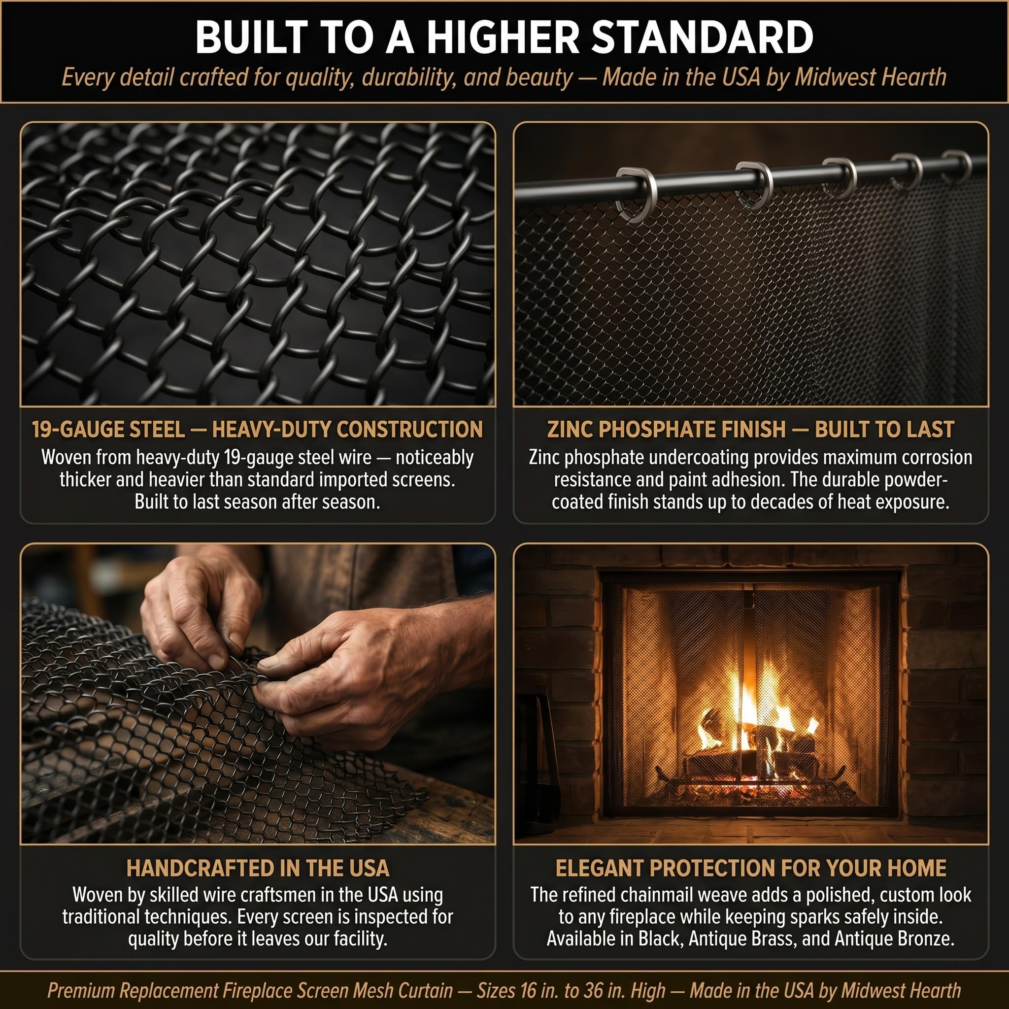 Midwest Hearth Rideau en Maille pour cheminée 66 cm Haut Deux Panneaux 61 cm Large Noir