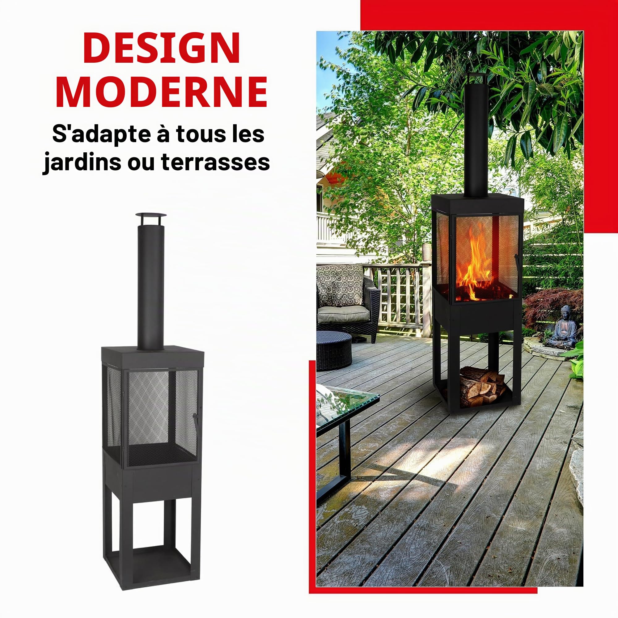 BBQ Collection Brasero Exterieur avec Cheminée - Cheminée de Jardin 194 x 44 x 47 cm - Cheminée de Terrasse avec Pare-Étincelles - Poêle à Bois Decoration Jardin - Acier au Carbone