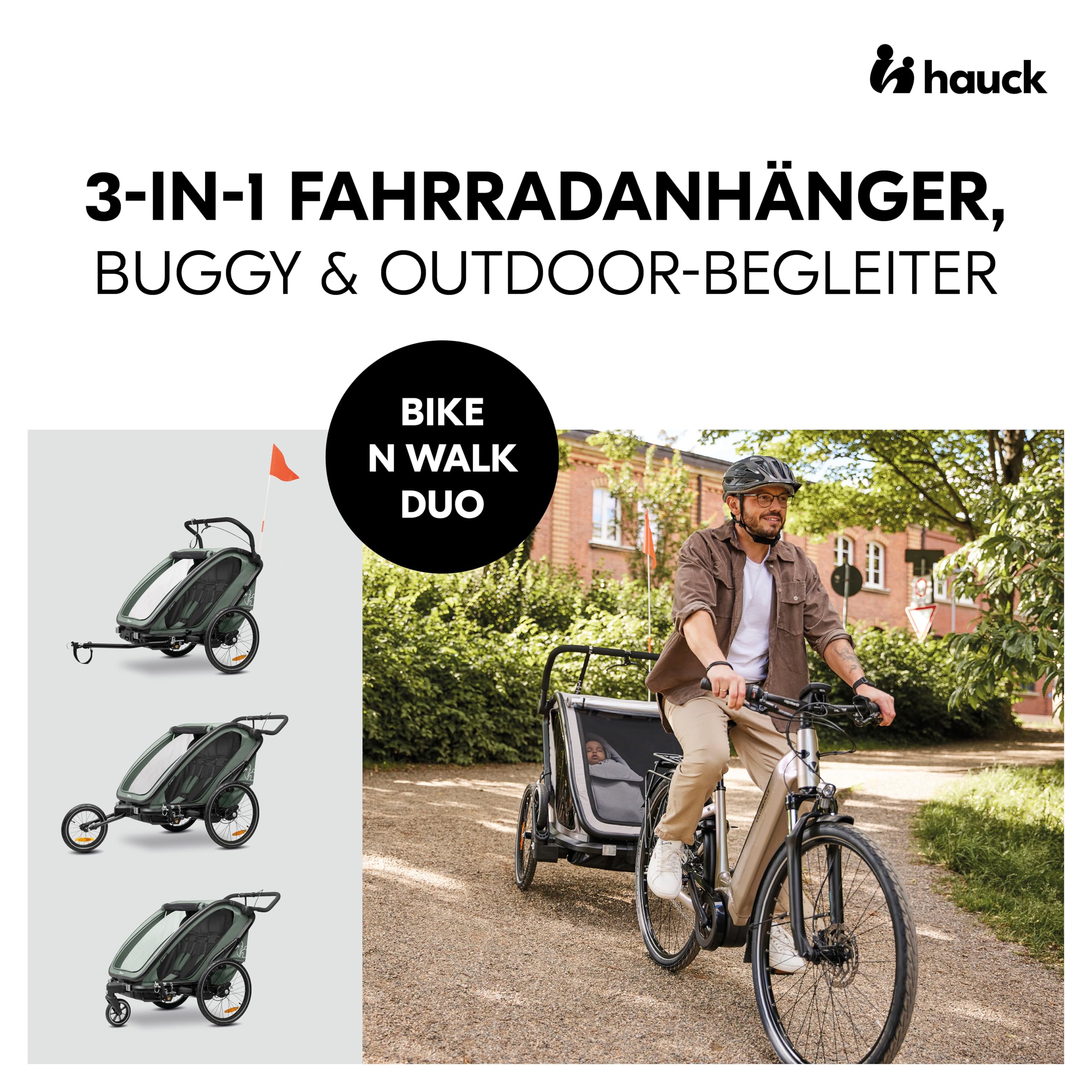hauck 3in1 Fahrradanhänger Bike N Walk Duo Set inkl. Baby Lounger & Regenschutz | Zwillingsanhänger und Kinderwagen für 2 Kinder bis 44 kg | faltbar & gefedert