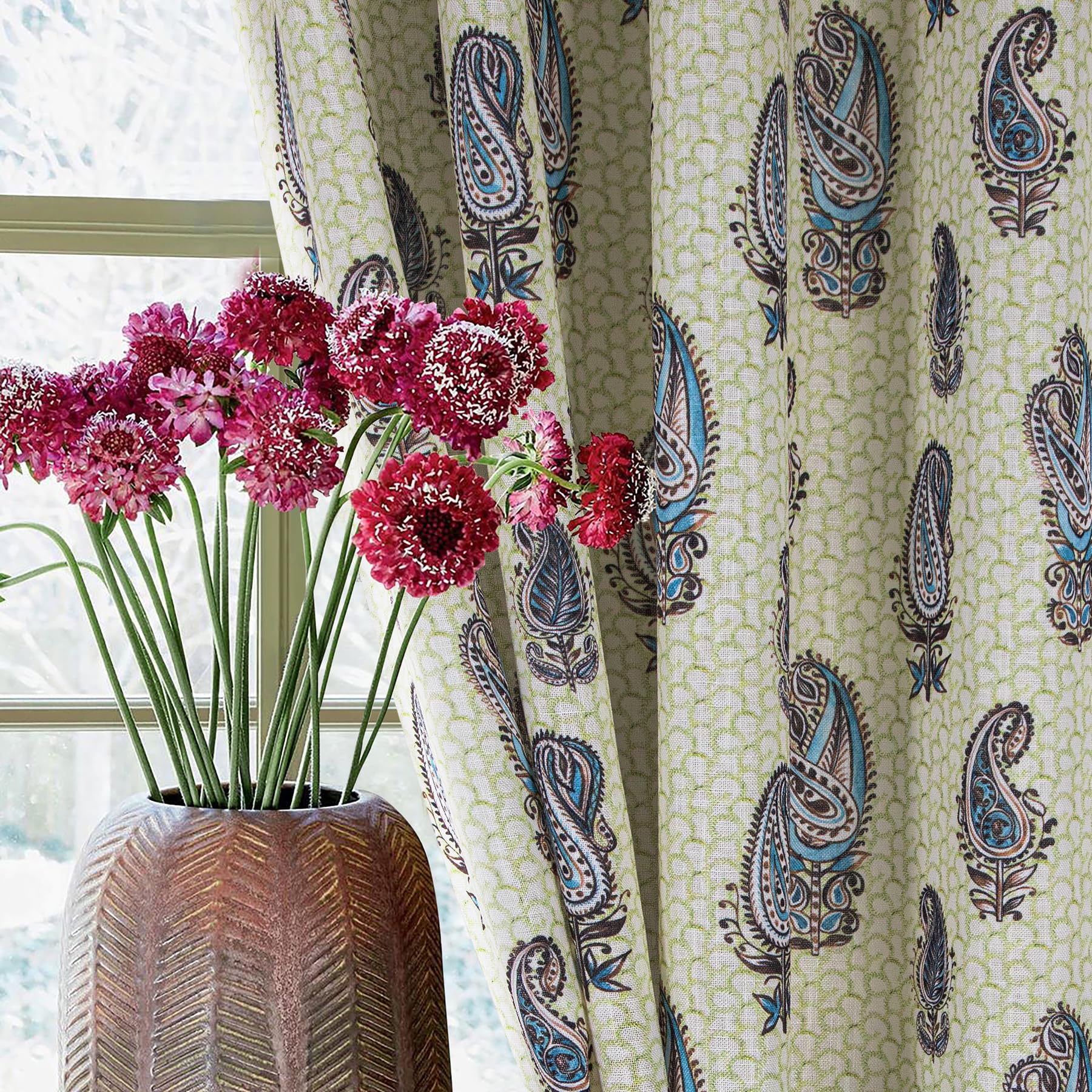 always4u Linen Look Curtains Semi-sheer Eyelet Printed Curtains Blue Paisley Pattern Window Treatments for Living Room Bedroom Decoration Retro Textured 1 Pair W66 x L72 Inches