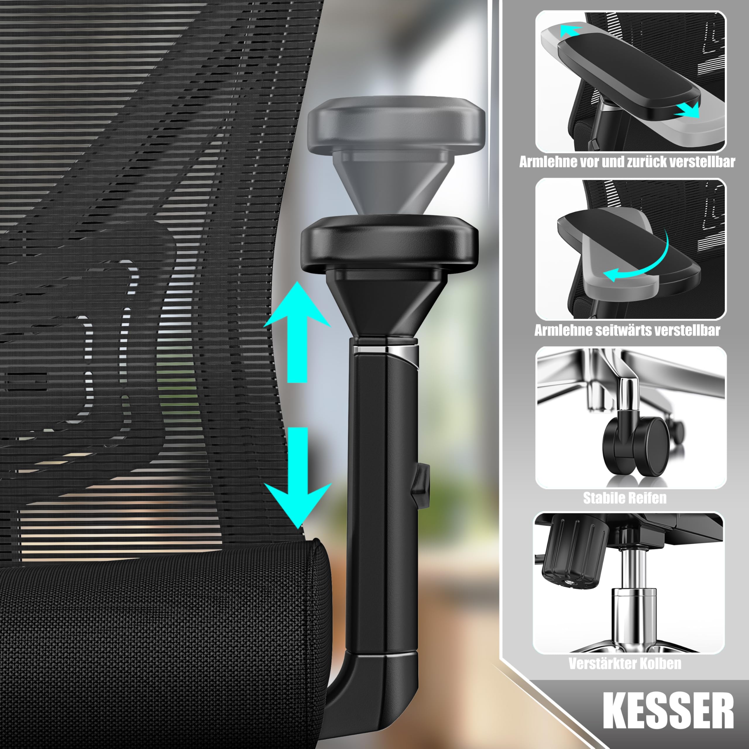 KESSER® Bürostuhl Ergonomisch mit verstellbaren Armlehnen | Drehstuhl mit Lendenwirbelstütze Rückenschonend | Schreibtischstuhl mit Kopfstütze | Office Chair Wippfunktion bis 125° mit 5X Gummirollen