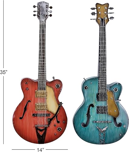 Miniatura 3 de Deco 79 Guitarra de metal para decoración de pared para el hogar, juego de 2 arte de pared de 14 x 4 x 35 pulgadas, multicolor