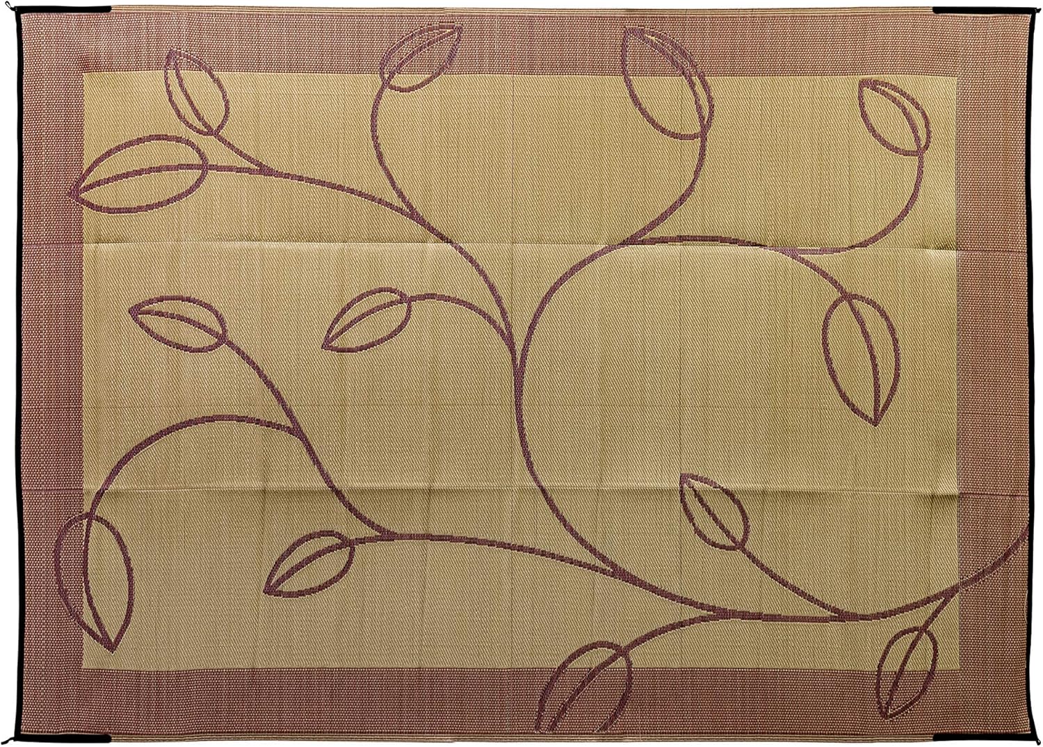 Camco 42823 Outdoor RV Awning Mat with Storage Bag, 9-Feet x 12-Feet - The Perfect Outdoor Accessory with Multiple Uses - Bonus Storage Bag Included - Leaf, Brown/Tan Design