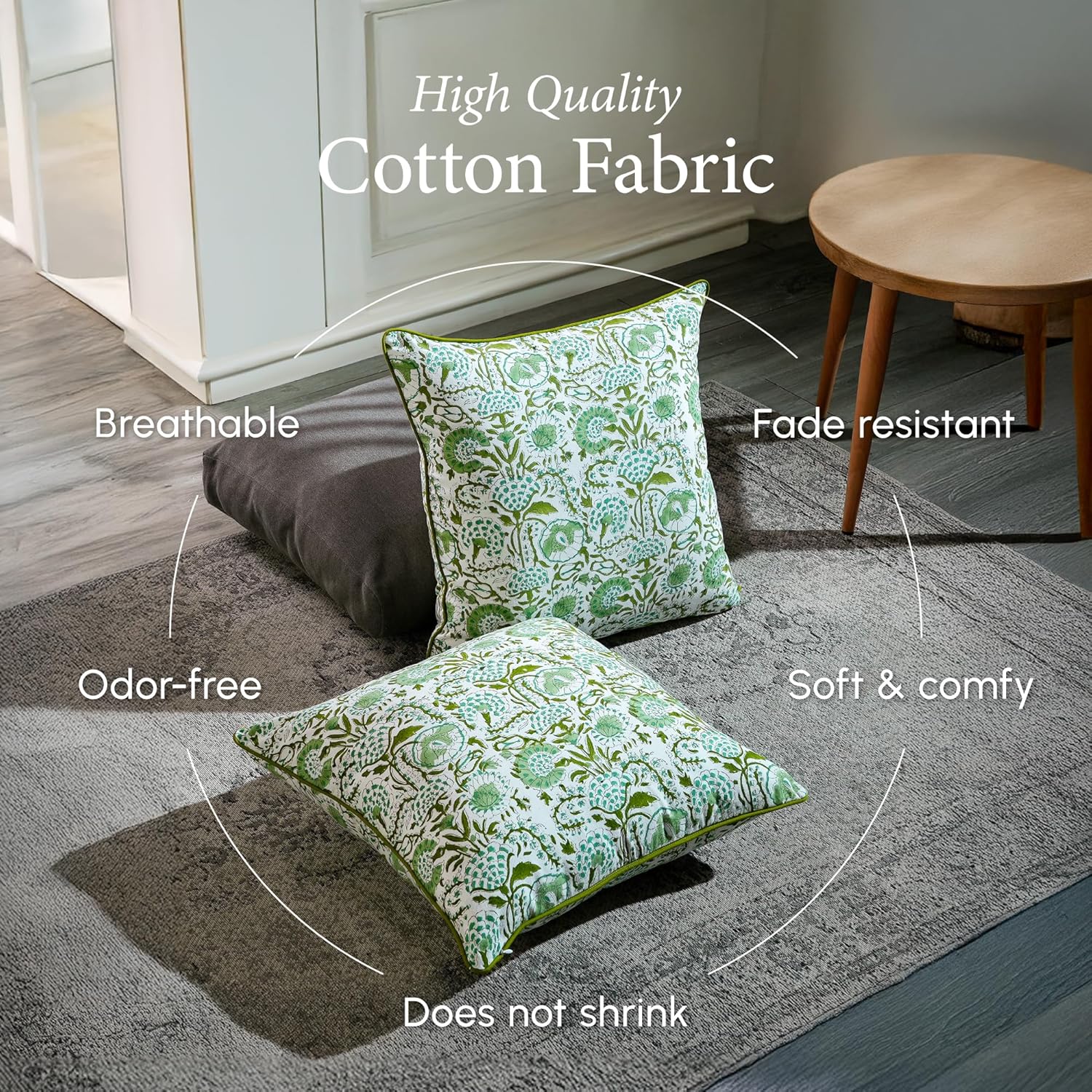 CPC 100% Cotton Throw Pillow Covers 18x18 Inch, Set of 2 Green Block Print Pattern Couch Pillow, Cute Boho Decorative Pillows for Living Room, Bedroom with Hidden Zipper- Agate Green - Image 3