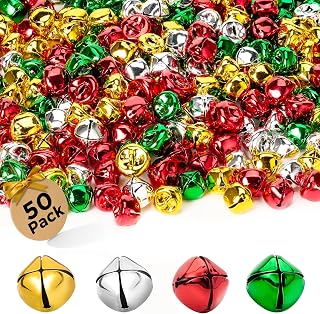 Sooez Jingle Bells for Crafts, 50PCS 1inch Large Craft Bells with Crisp Sound, Colorful Christmas Bells Bulk for Crafting Christmas Decorations Halloween, 4 Bright Colors Jingle Bell 1 inch