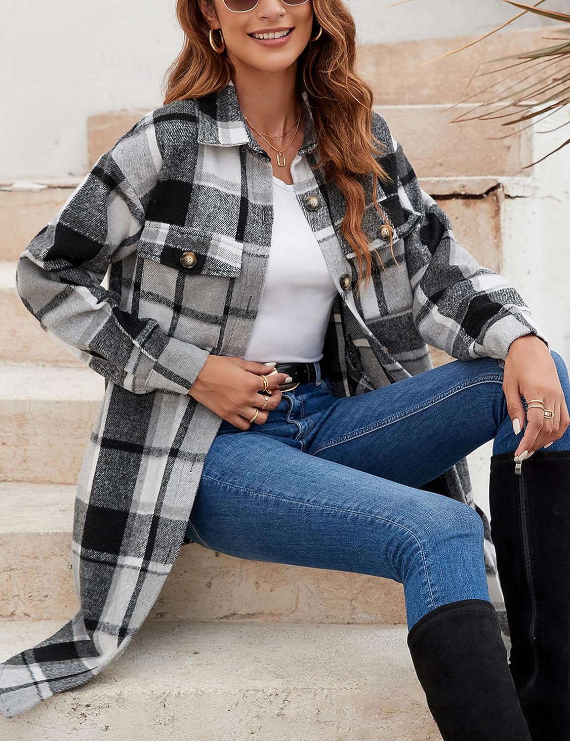 Himosyber Women's Casual Plaid Lapel Woolen Button Up Pocketed Long Shacket Coat - Image 3