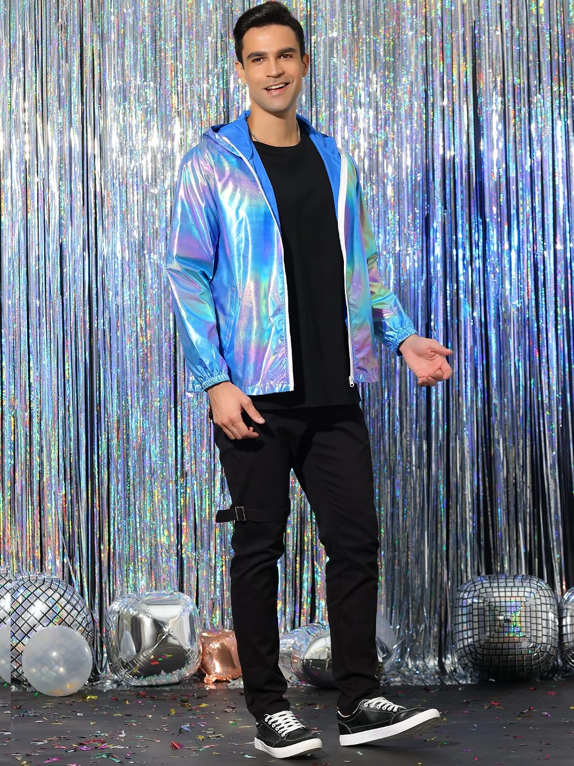 Lars Amadeus Men's Metallic Jacket Lightweight Zip Up Holographic Shiny Hooded Jackets