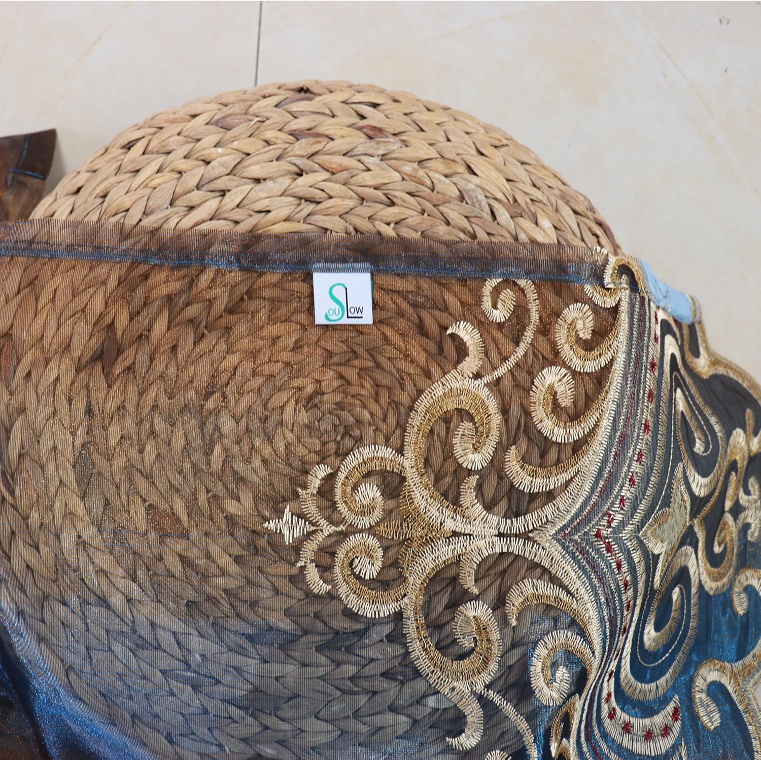 SLOW SOUL Set of 2 Panels Exquisite European Blue Sheer Curtains Golden Floral Embroidered Velvet Sheer Curtain for Living Room Bedroom Dining Room Rod Pocket Blue Tulle 48W X 90L inch Length