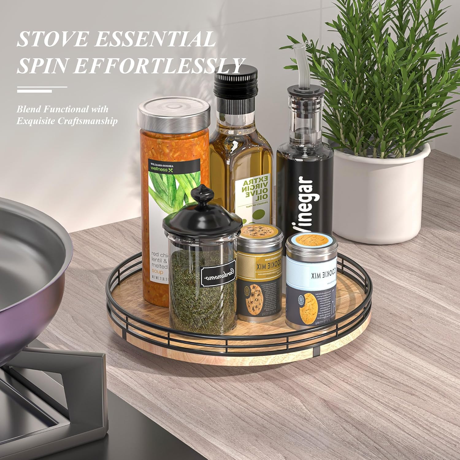 10" lazy susan oak wood turntable organizer for cabinet, round wooden farmhouse lazy susan organization and storage for dining table, pantry, kitchen, countertop, cupboard,home decor brown & black 10 inches