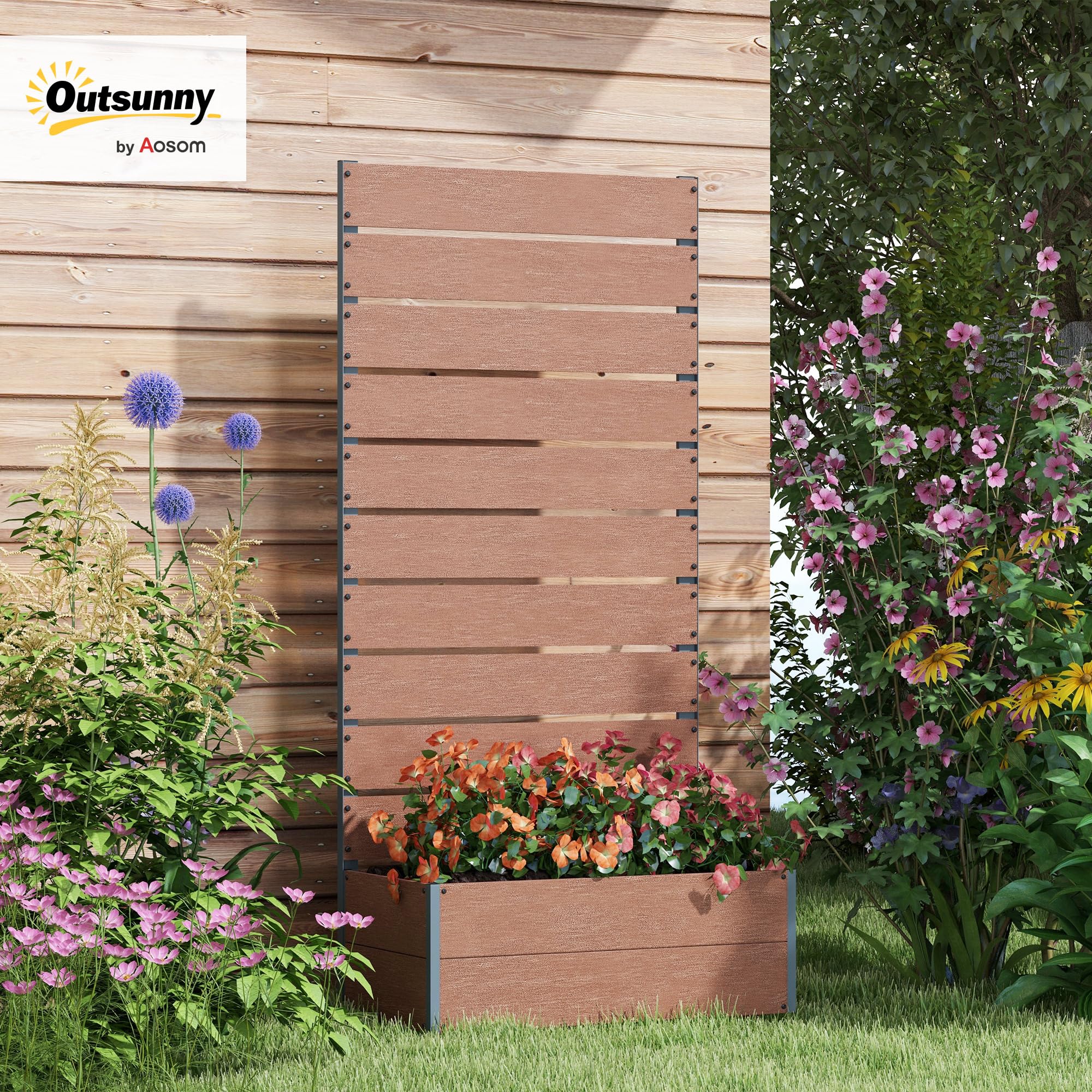 Outsunny Jardinière avec Treillis, lit surélevé de Jardin, jardinière extérieure pour Plantes grimpantes, bac à Fleurs rectangulaire Pot de Plantes pour Balcon terrasse, 72x38x150 cm, Marron Clair