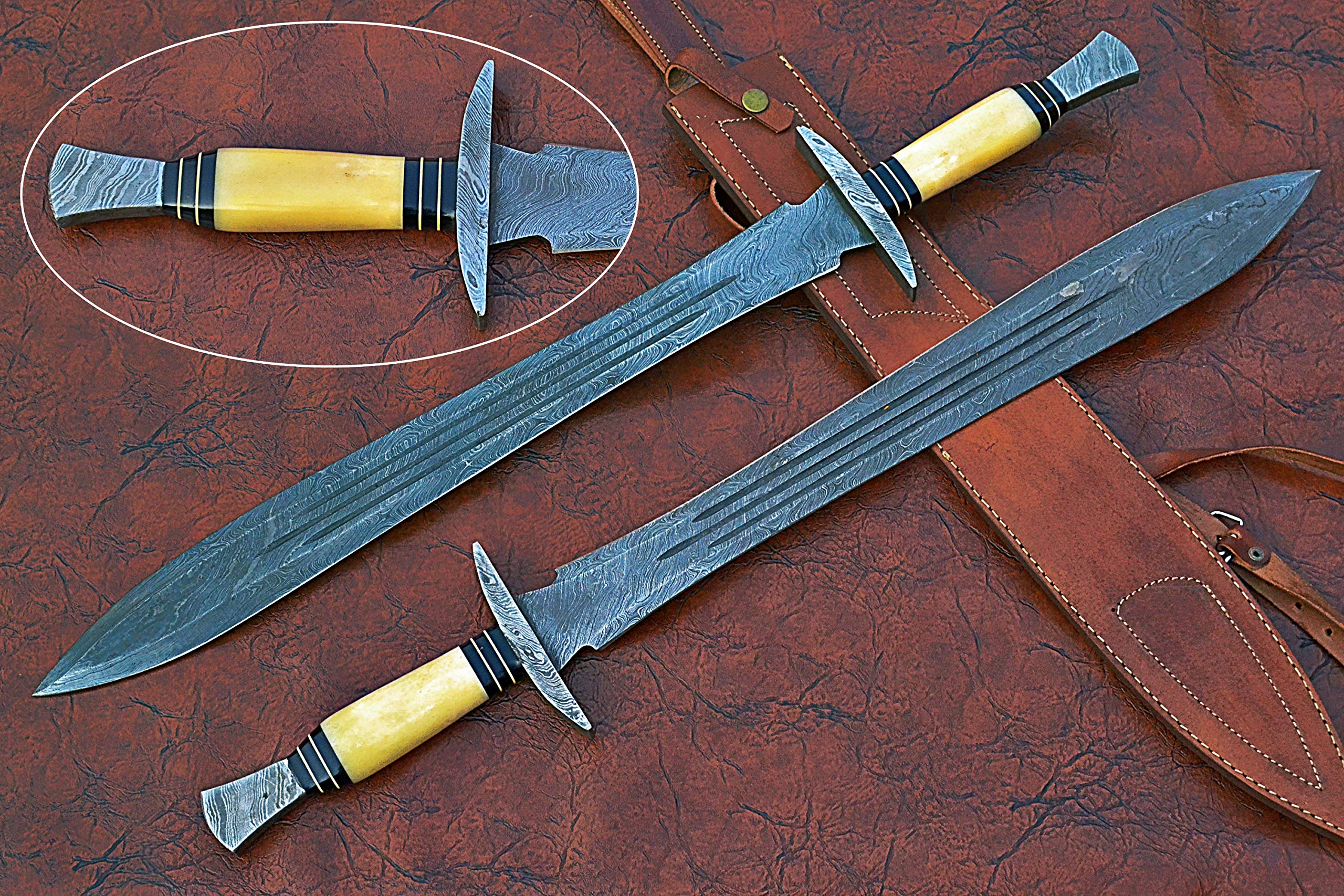 27" Long Sting Sword, 19" Long Hand Forged Damascus Steel Double Edge Blade with Triple Blood Groove, Damascus Steel Cross hilt Forward Guard & Pommel, Camel Bone Grip, Leather Scabbard