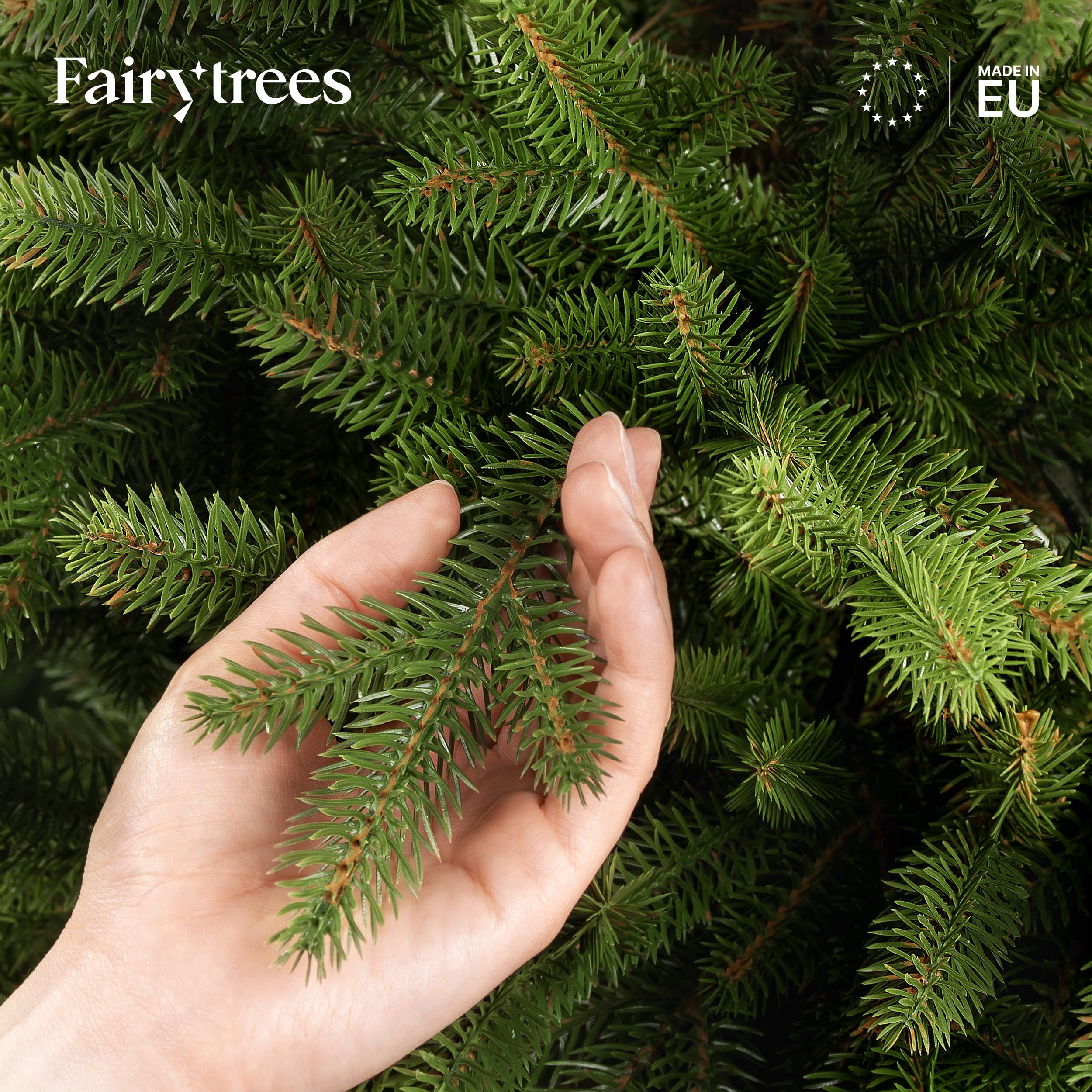 FAIRYTREES Sztuczna choinka 180 cm, jodła Nordmanna, ekskluzywna, 100% polietylen, drewniany stojak na choinkę, wyprodukowano w UE, sztuczna choinka z naturalnymi elementami formowanymi wtryskowo