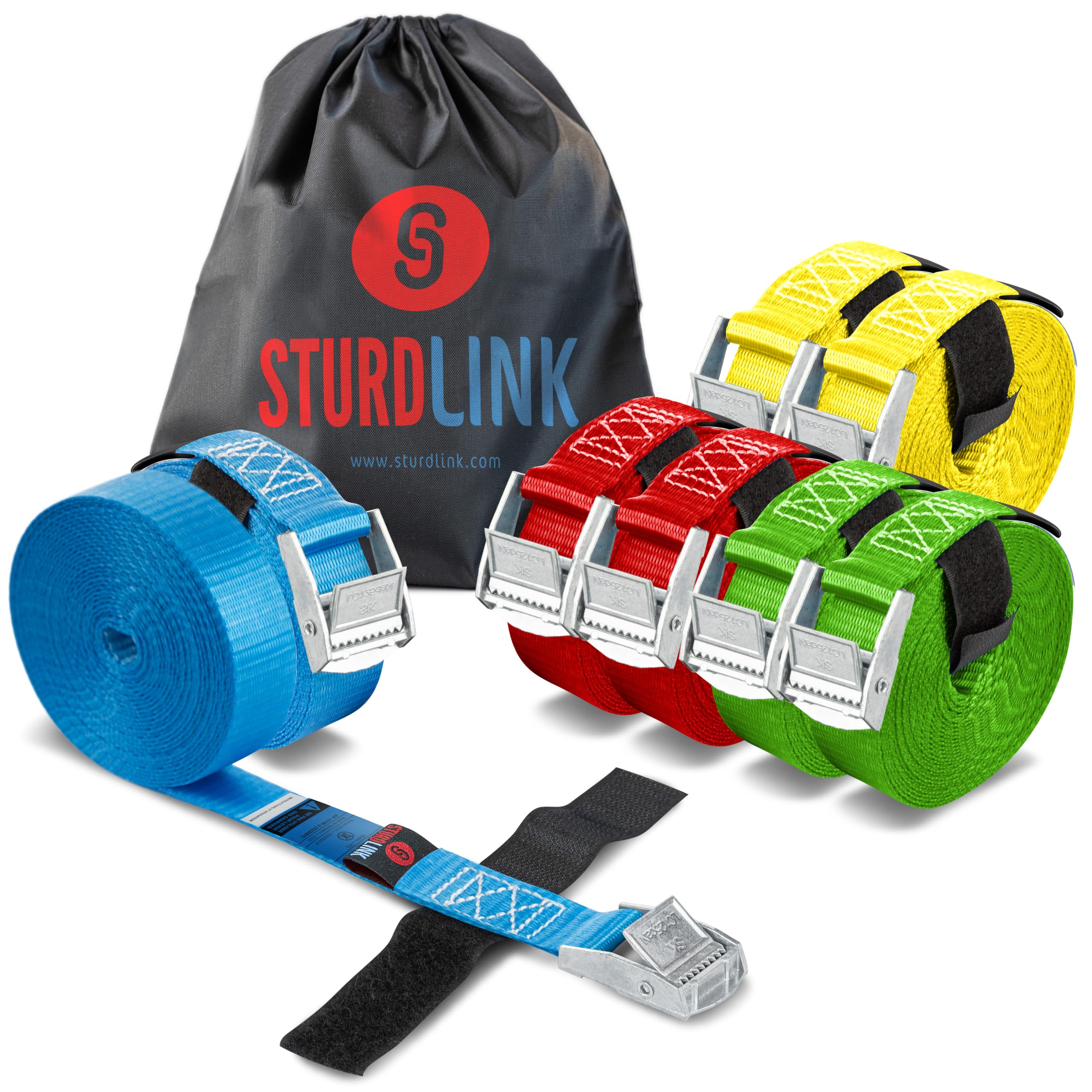 STURDLINK Juego de 8 Cinchas de Amarre 25mm 250kg con Hebilla Rapida y Sistema para Atar 2m 3m 4m 5m + Bolsa para Sujeción en el Portabicicletas, Barras Techo Coche, Remolque Bicicleta, Equipaje