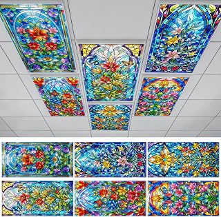 6 Pack Stained Glass Floral Fluorescent Light Covers, 4x2 Feet Colorful Floral Magnetic Light Filters, Ceiling Lights Covers for Classroom School Office Home, Ideal Gift for Women & Teacher Supplies