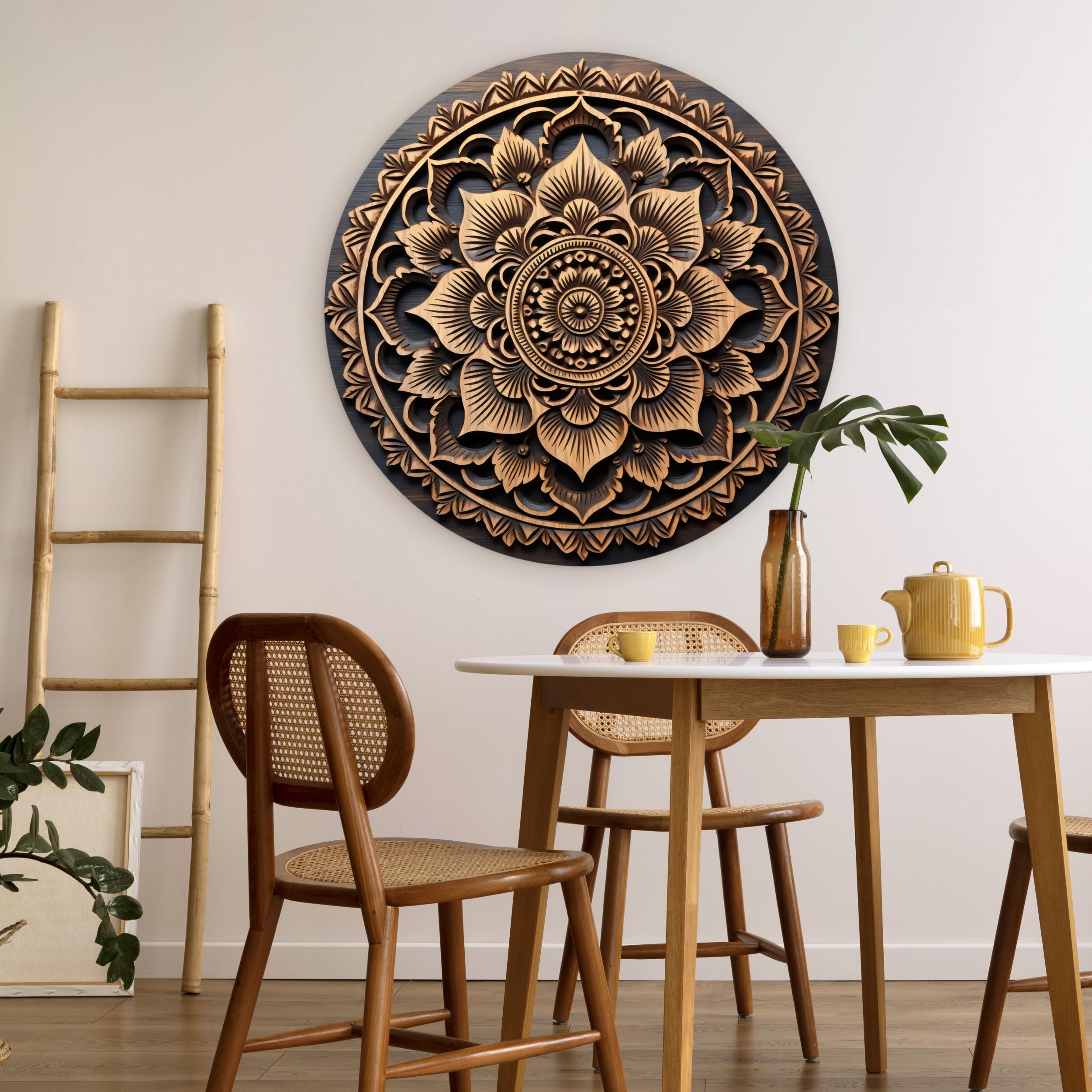 MuchoWow© Quadro Rotondo Ø90 cm Salotto Ufficio Cuadro Moderne Finestre Design Murale Bedroom Stanza Fiori Natura Soggiorni Grande Pareti Mandala - Legno - Marrone
